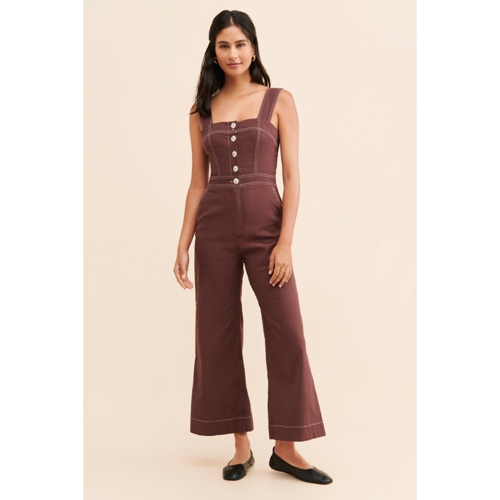 Maeve Anthropologie Colette Jumpsuit Brown Contrast Stitch Wide Leg Button  4